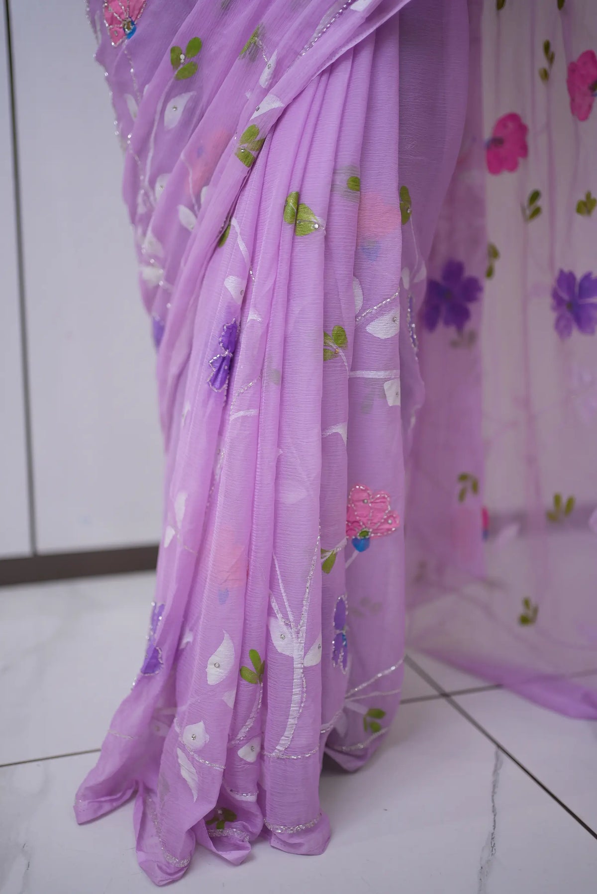 Pleat Details of Lavender Floral Chiffon Saree Odhani by SRN