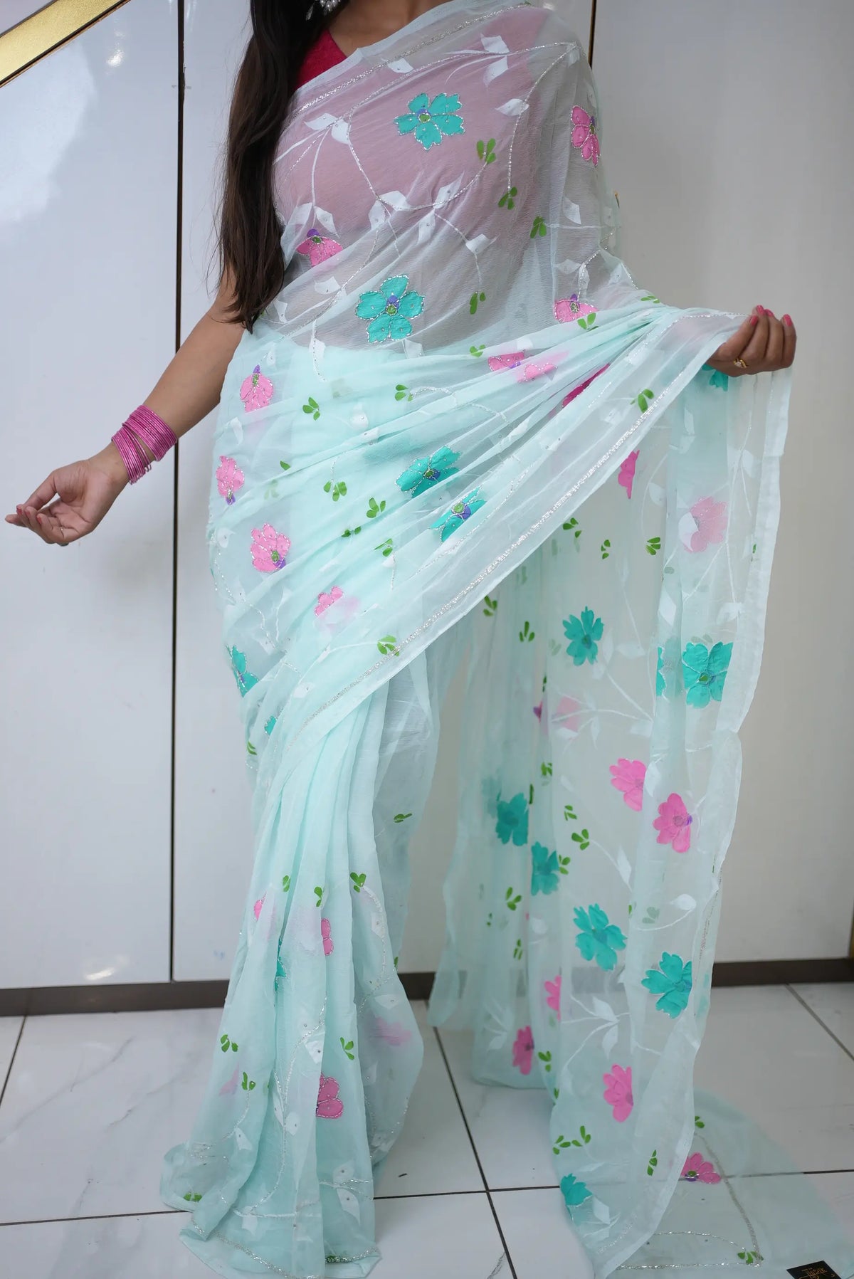 Mint Aqua Blue Floral Print Royal Chiffon Saree with Cut Dana Work Odhani by SRN