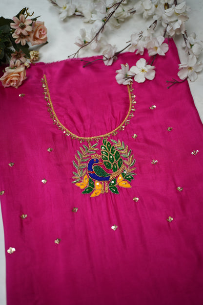 Peacock Buta Pattern Handwork Blouse on Silk Fabric (Unstitched) RANI PINK ##HB005