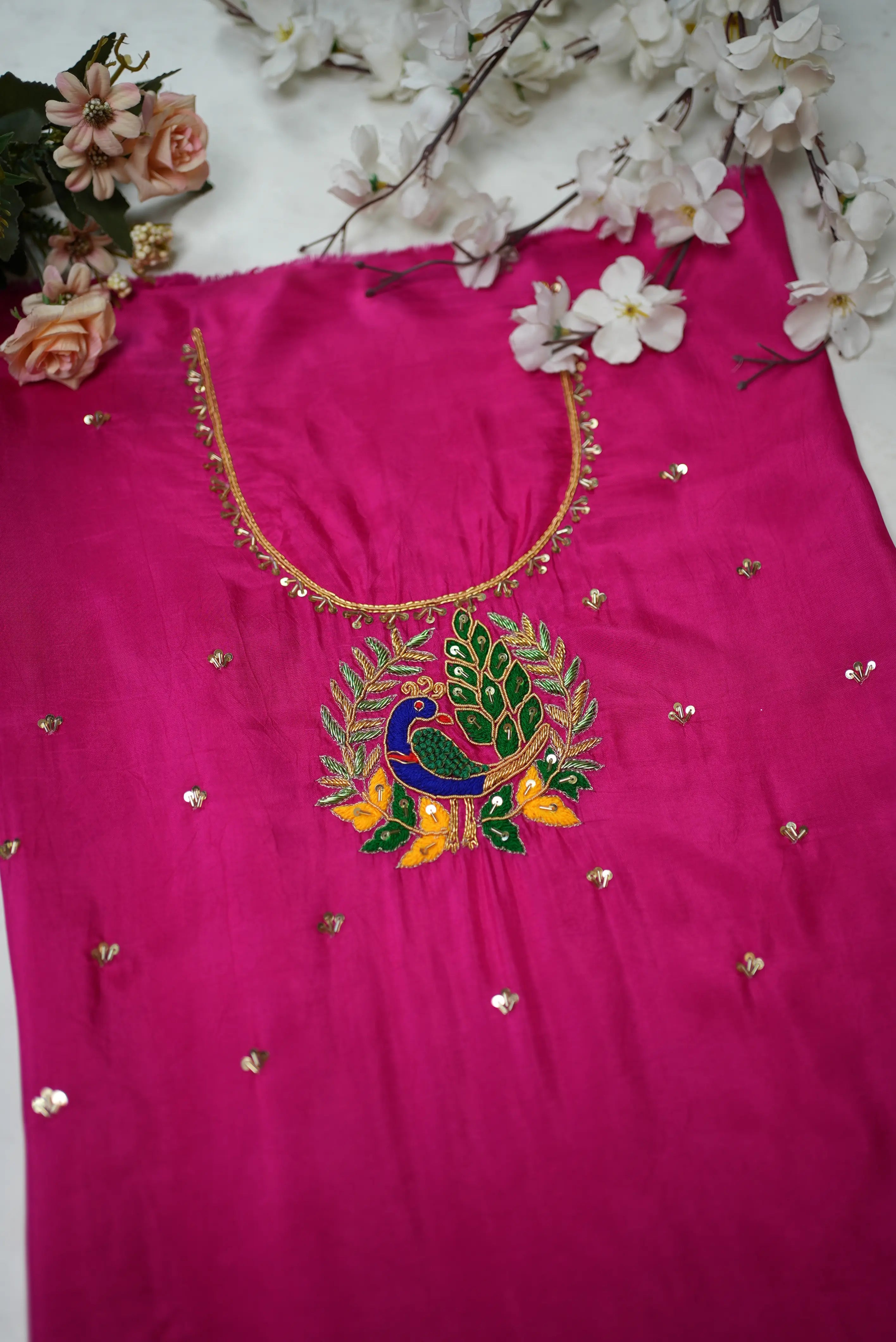 Peacock Buta Pattern Handwork Blouse on Silk Fabric (Unstitched)