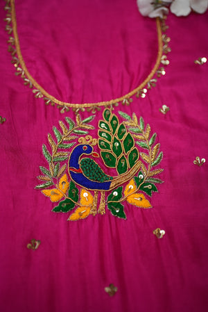 Peacock Buta Pattern Handwork Blouse on Silk Fabric (Unstitched) RANI PINK ##HB005