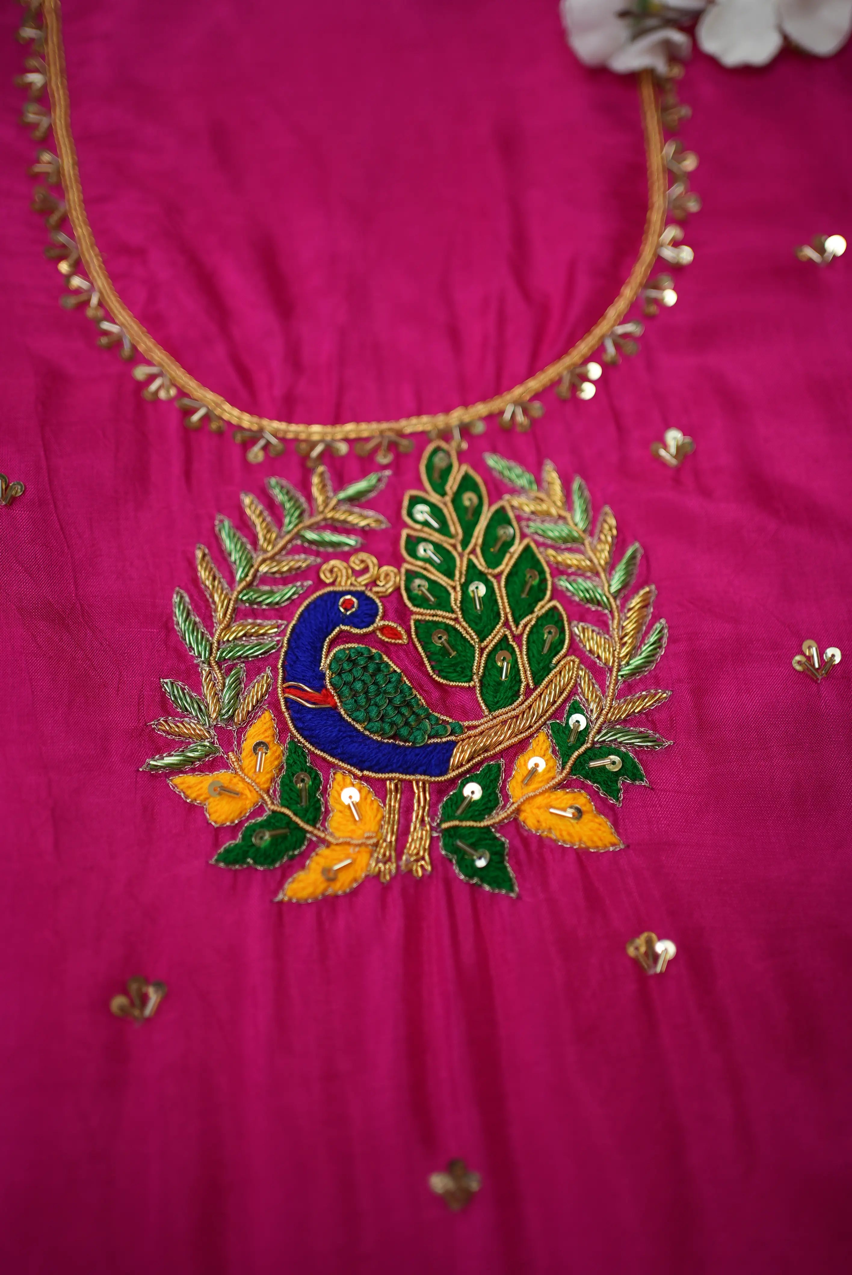 Peacock Buta Pattern Handwork Blouse on Silk Fabric (Unstitched)
