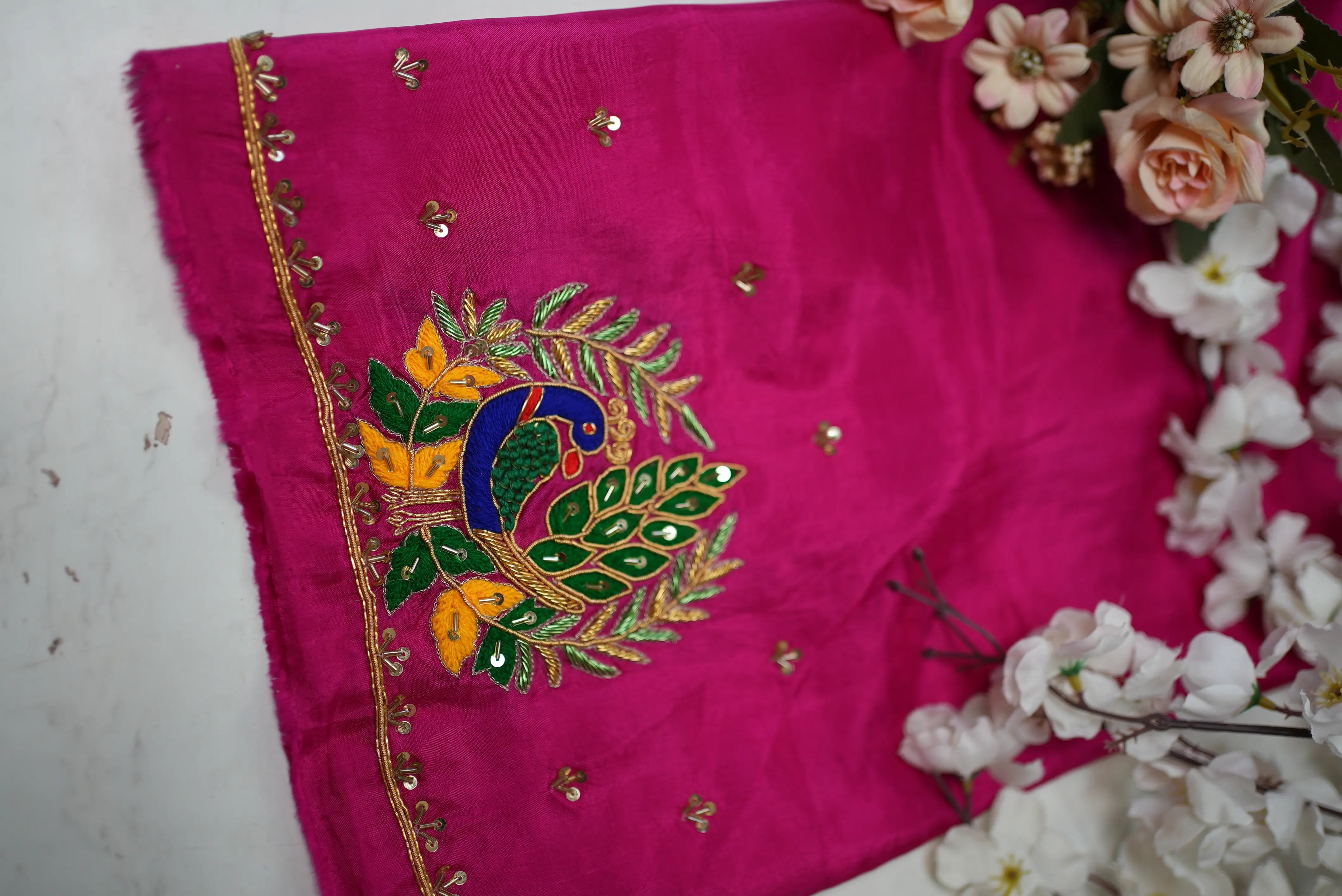 Peacock Buta Pattern Handwork Blouse on Silk Fabric (Unstitched)
