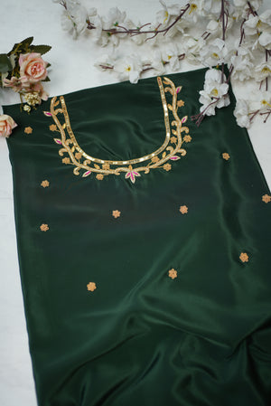 Zardozi Handwork Blouse with Name Personalization on Silk Fabric (Unstitched) GREEN ##HB006