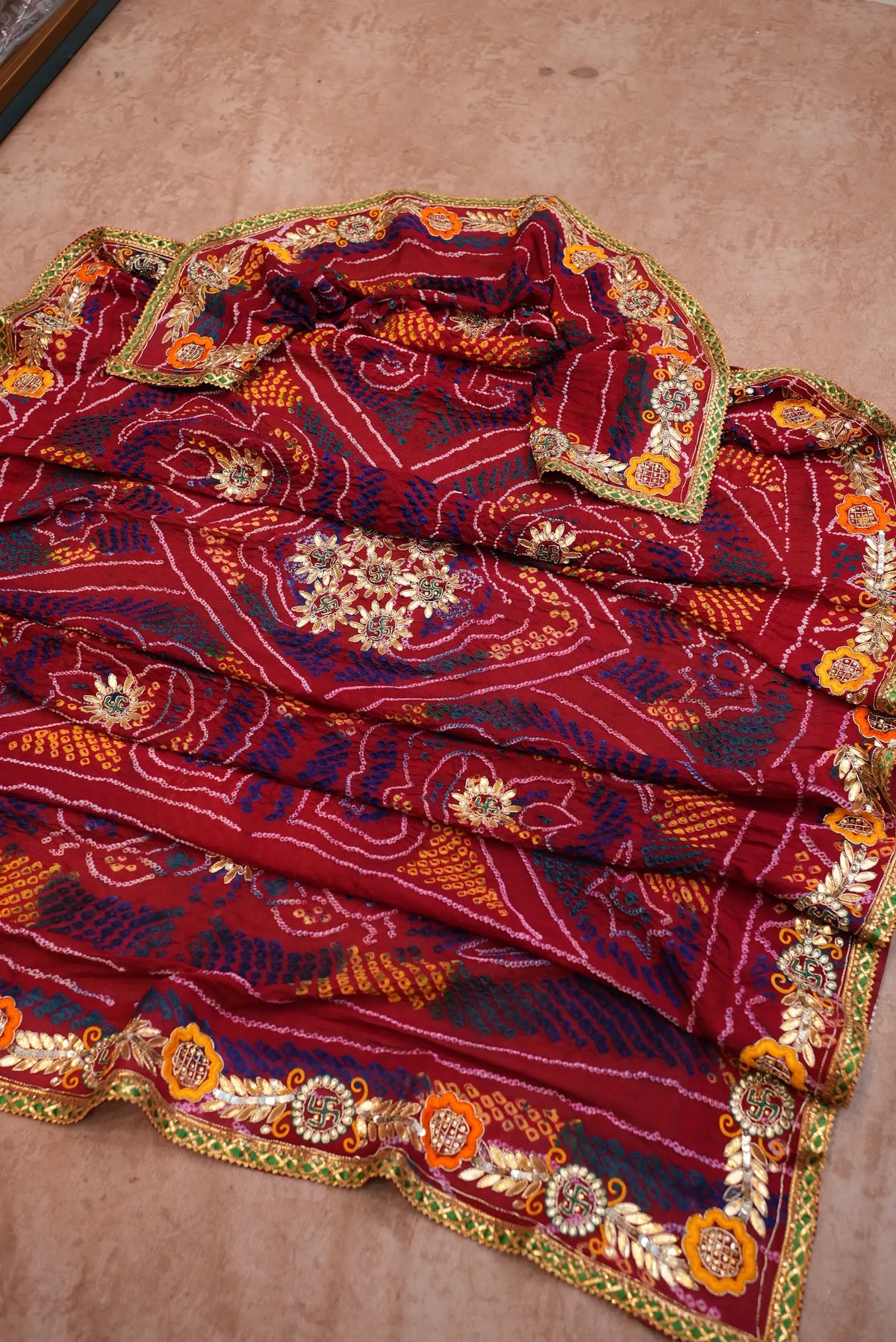 Overall view of Maroon Shekhawati Bandhani Dupatta displaying rich Gota Patti border