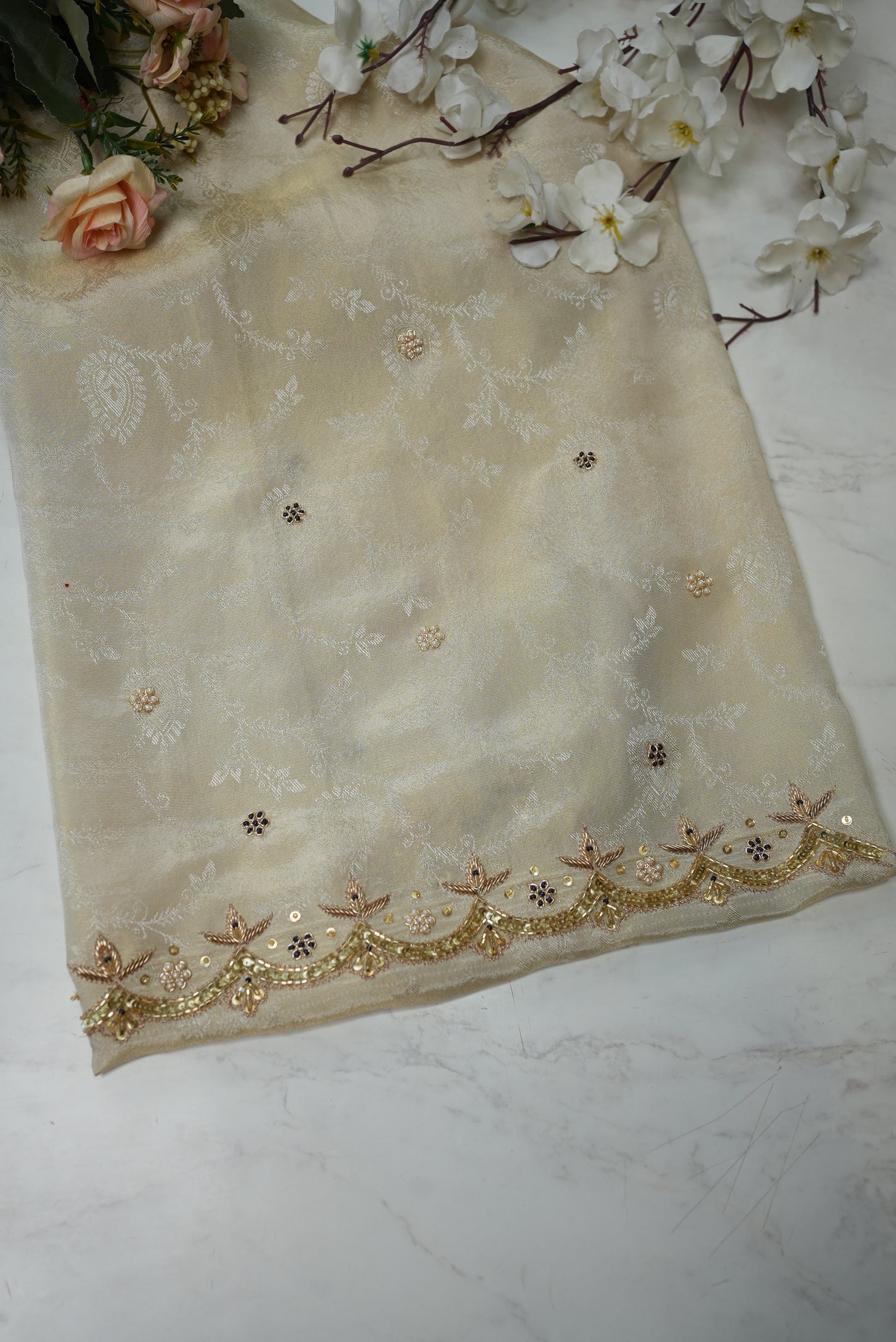 Sequence and Cutdana Handwork Blouse on Tissue Fabric (Unstitched) CREAM ##HB007