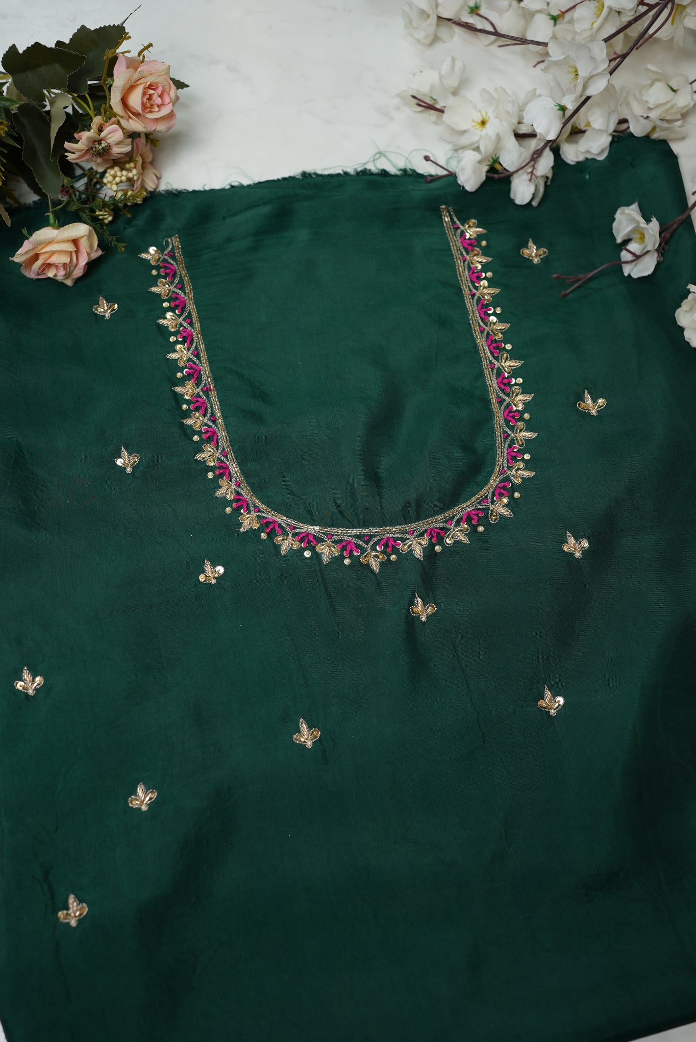 Zardozi and Cutdana Handwork Blouse on Silk Fabric (Unstitched) GREEN ##HB008
