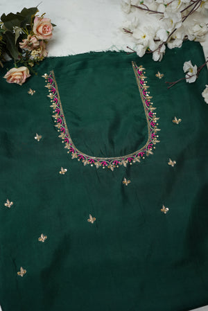 Zardozi and Cutdana Handwork Blouse on Silk Fabric (Unstitched) GREEN ##HB008