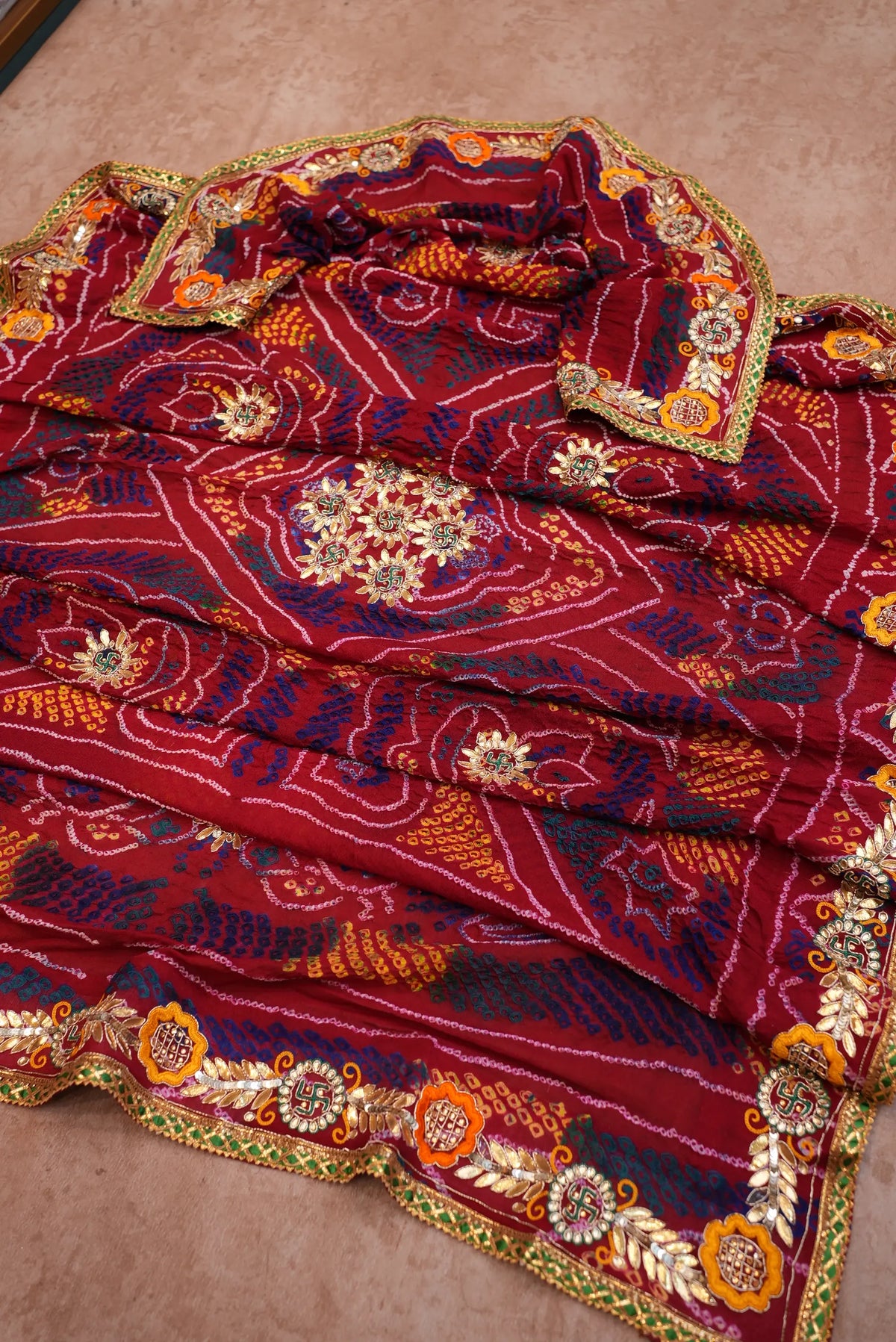 Full view of Maroon Pure Georgette Shekhawati Bandhani Chunri with Kacchi Gotta Patti Work