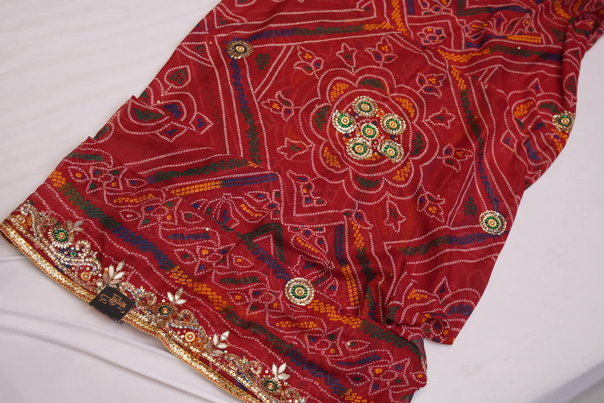 Full layout view of Maroon Georgette Bandhani Chunri with circular bead buttis and heavy handwork border
