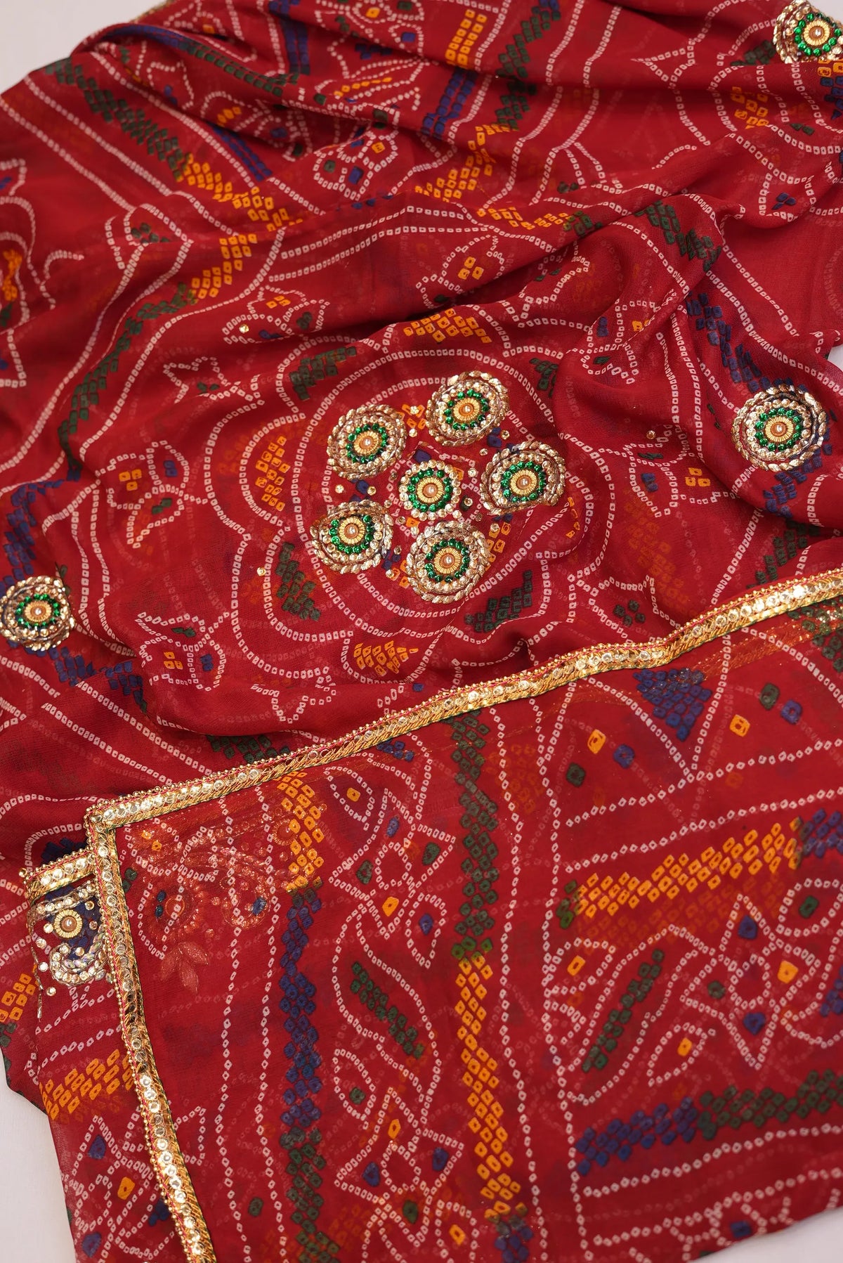 Folded view of Shekhawati Bandhani Dupatta featuring handcrafted Cut Dana flower motifs