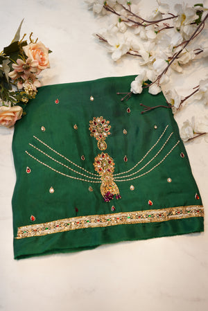Maggam Handwork Blouse on Silk Fabric (unstitched) GREEN ##HB010