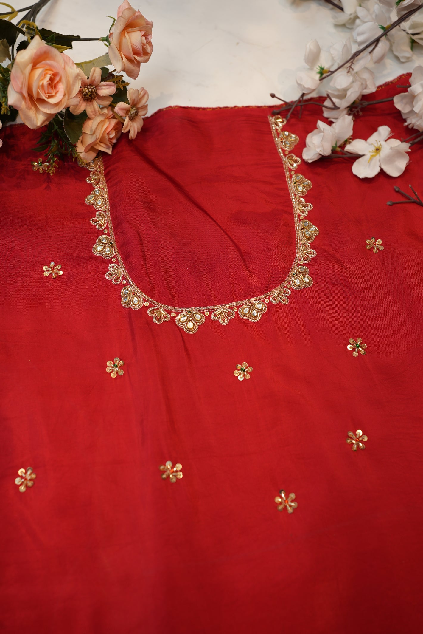 Vintage Handwork Blouse with Zardozi and Kundan Detailing on Silk Fabric RED  (Unstitched) RED ##HB011