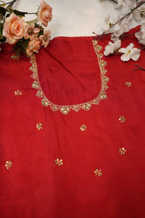 Vintage Handwork Blouse with Zardozi and Kundan Detailing on Silk Fabric RED  (Unstitched) RED ##HB011