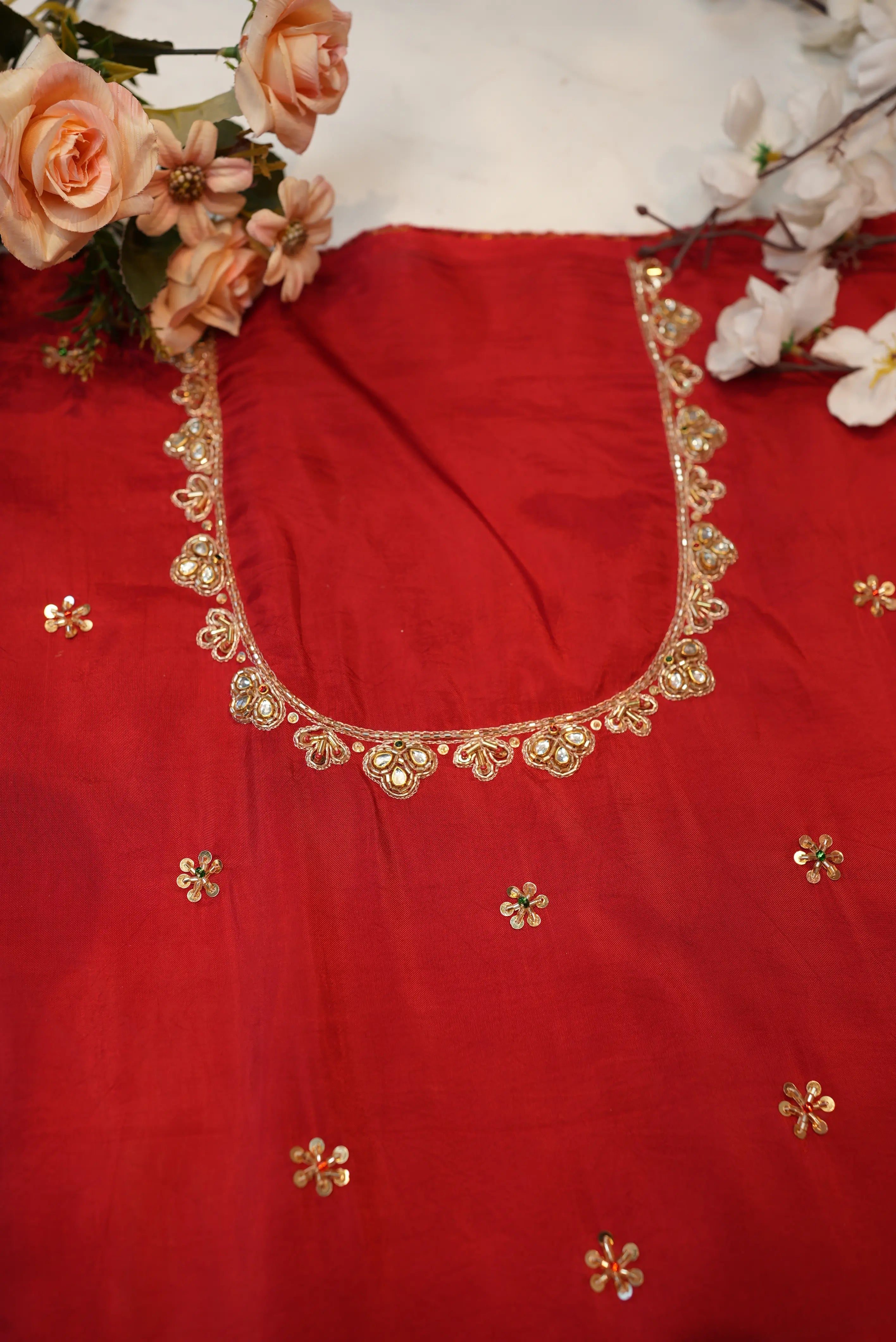 Vintage Handwork Blouse with Zardozi and Kundan Detailing on Silk Fabric RED (Unstitched)