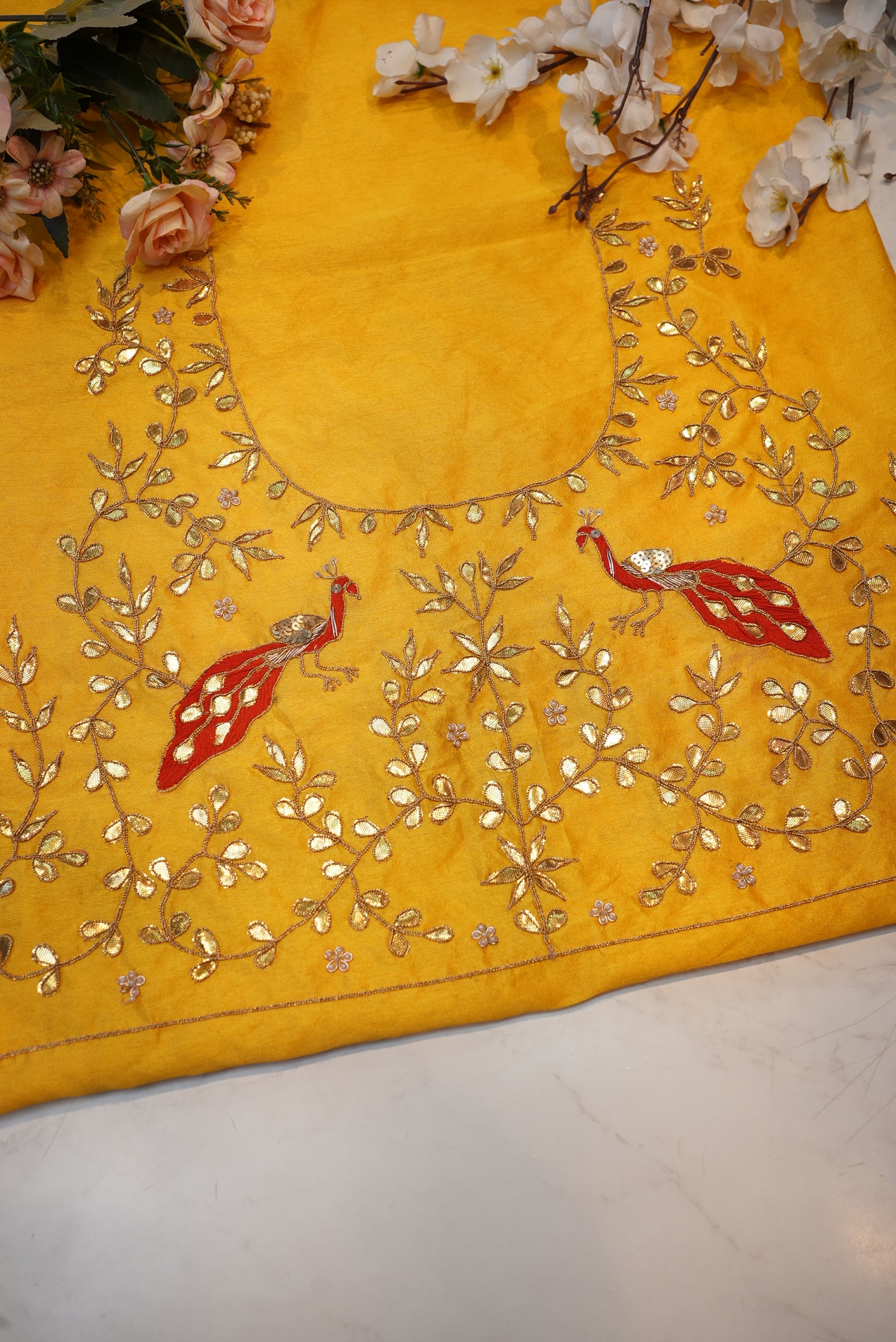 GOTA PATTI HANDWORK BLOUSE ON RAWSILK FABRIC (UNSTITCHED) YELLOW ##HB013