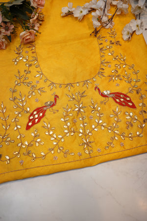 GOTA PATTI HANDWORK BLOUSE ON RAWSILK FABRIC (UNSTITCHED) YELLOW ##HB013