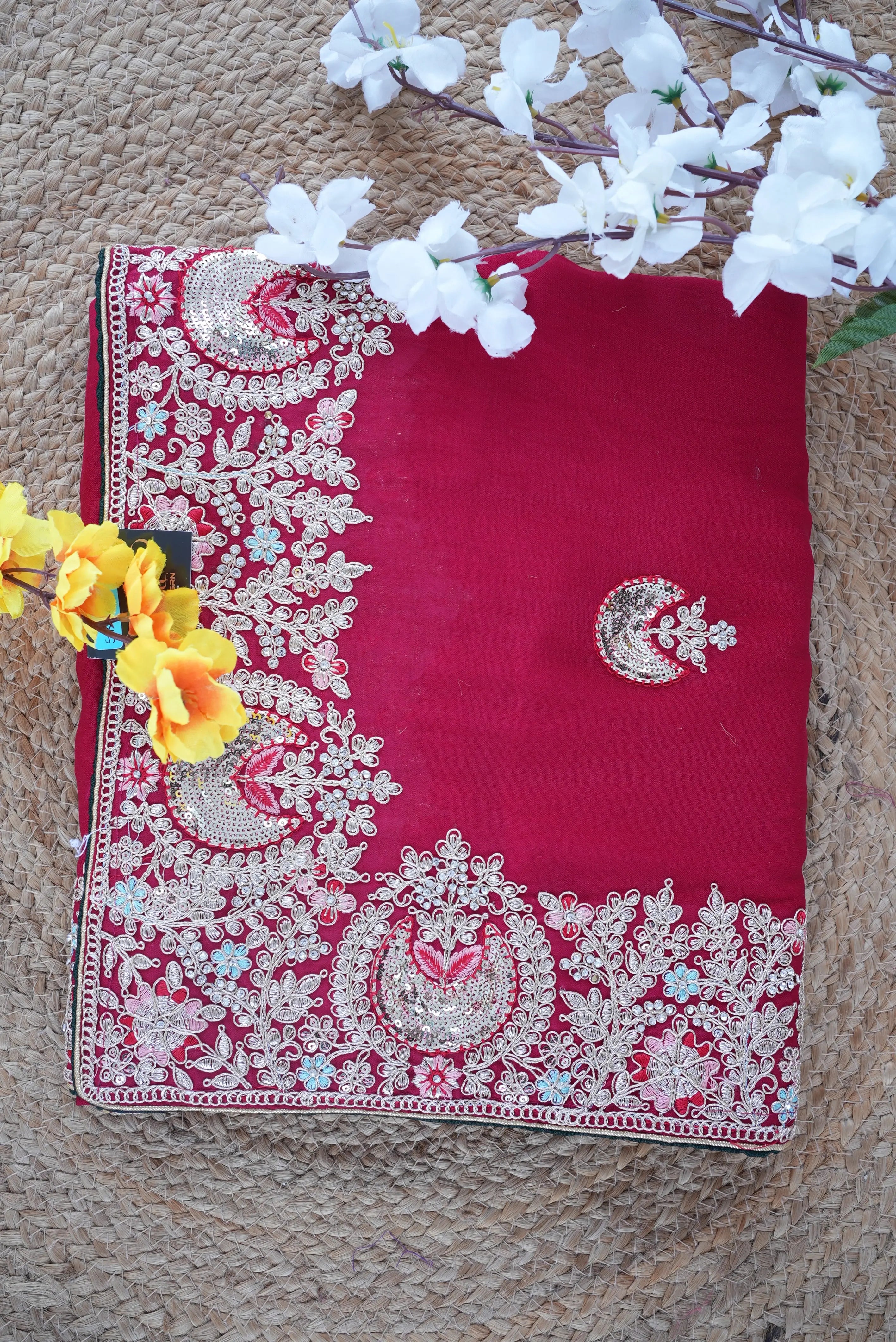 Satin Silk Saree with Ajrakh Print & Tassels (With Blouse)