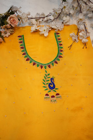 MAGGAM HANDWORK BLOUSE ON SILK FABRIC (UNSTITCHED) YELLOW ##HB014
