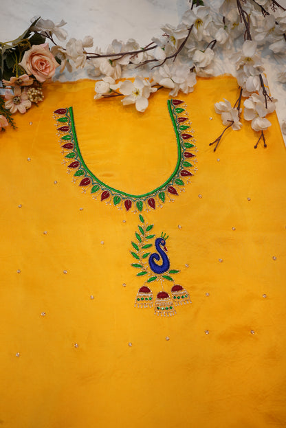 MAGGAM HANDWORK BLOUSE ON SILK FABRIC (UNSTITCHED) YELLOW ##HB014