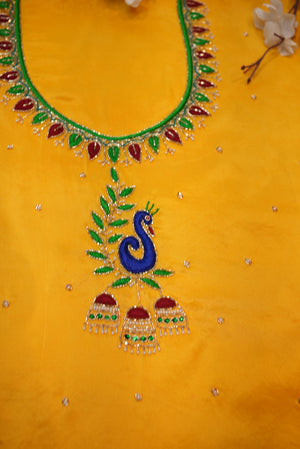 MAGGAM HANDWORK BLOUSE ON SILK FABRIC (UNSTITCHED) YELLOW ##HB014