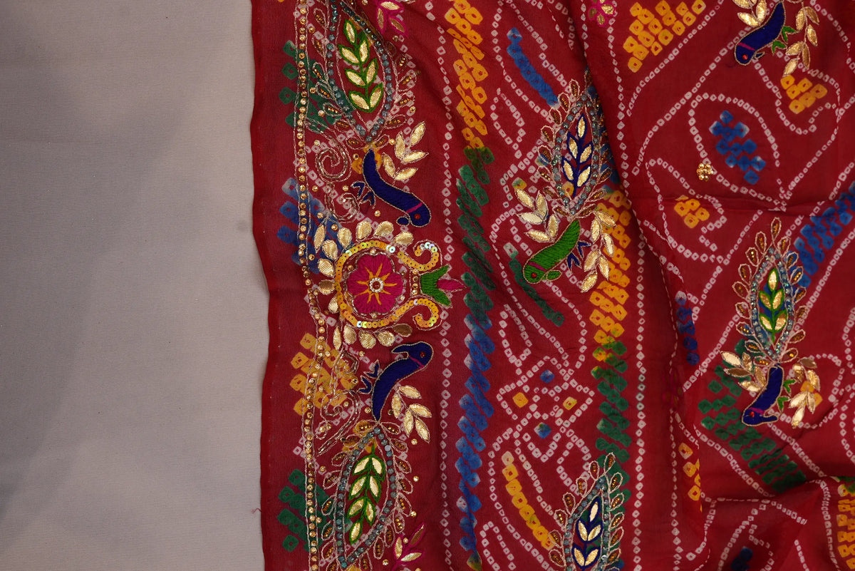 Side border detail featuring Royal Blue Peacock Embroidery with Gold Leaf Sequins on Bandhani Dupatta