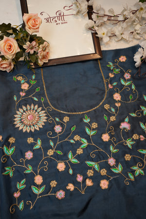 Heavy Zardozi Handwork on Upada Silk Fabric (Unstitched) BLUE ##HB017