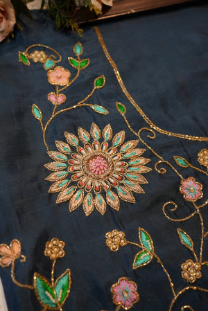 Heavy Zardozi Handwork on Upada Silk Fabric (Unstitched) BLUE ##HB017
