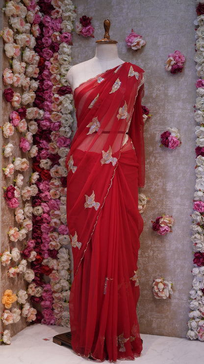 FIGURE PATTERN SAREE WITH SEQUENCE & CUTDANA WORK ON ROYAL GEORGETTE FABRIC (WITH BLOUSE)  ##SR610
