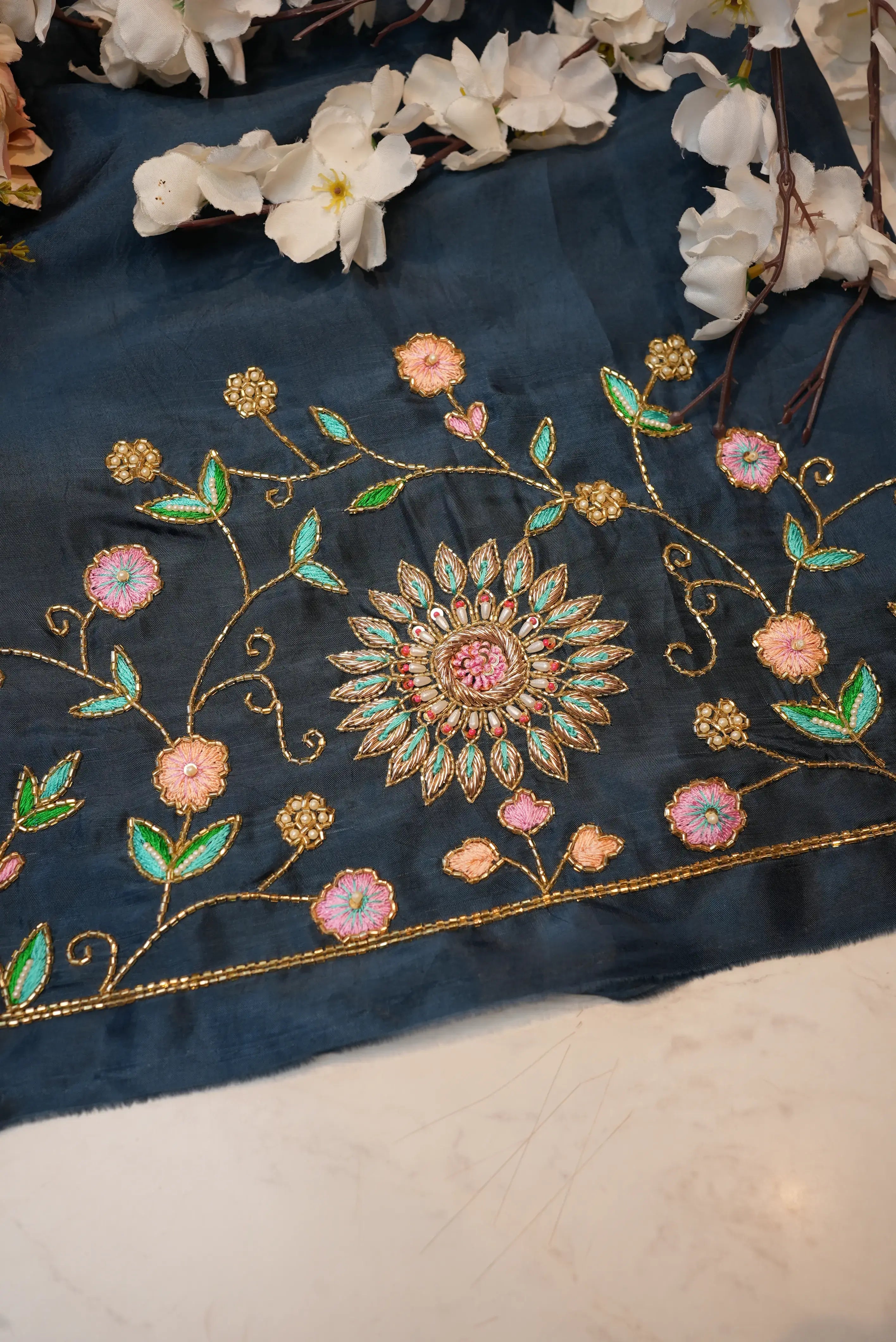 Heavy Zardozi Handwork on Upada Silk Fabric (Unstitched)