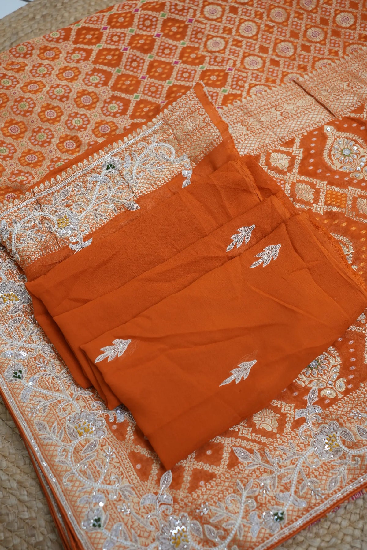 Pure Kaddi Georgette Rust Orange Saree with Zari Weaving, Minakari & Maggam Handwork Blouse