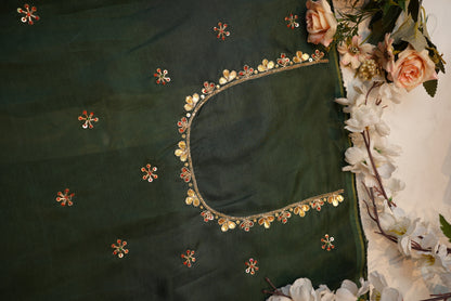 Kashb Gota Patti Handwork on Upada Silk Fabric (UNSTITCHED)GREEN ## HB018