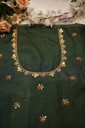 Kashb Gota Patti Handwork on Upada Silk Fabric (UNSTITCHED)GREEN ## HB018