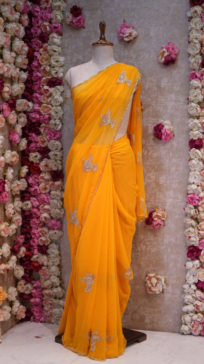 FIGURE PATTERN SAREE WITH SEQUENCE & CUTDANA WORK ON ROYAL GEORGETTE FABRIC (WITH BLOUSE)  ##SR610