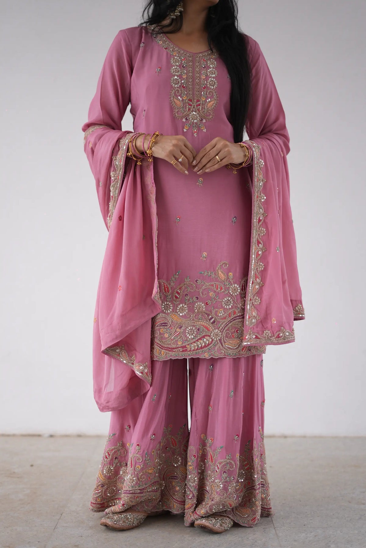 Pink Kurti Plazo Set with Heavy Embroidery & Embellished Dupatta