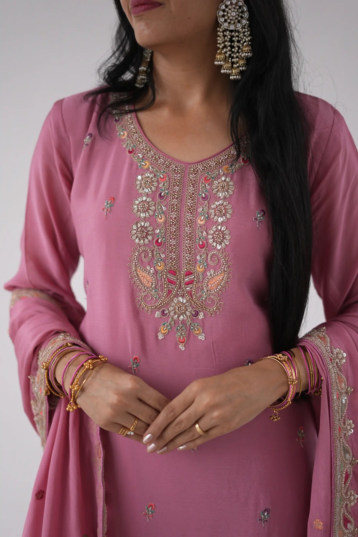 Pink Kurti Plazo Set with Heavy Embroidery & Embellished Dupatta