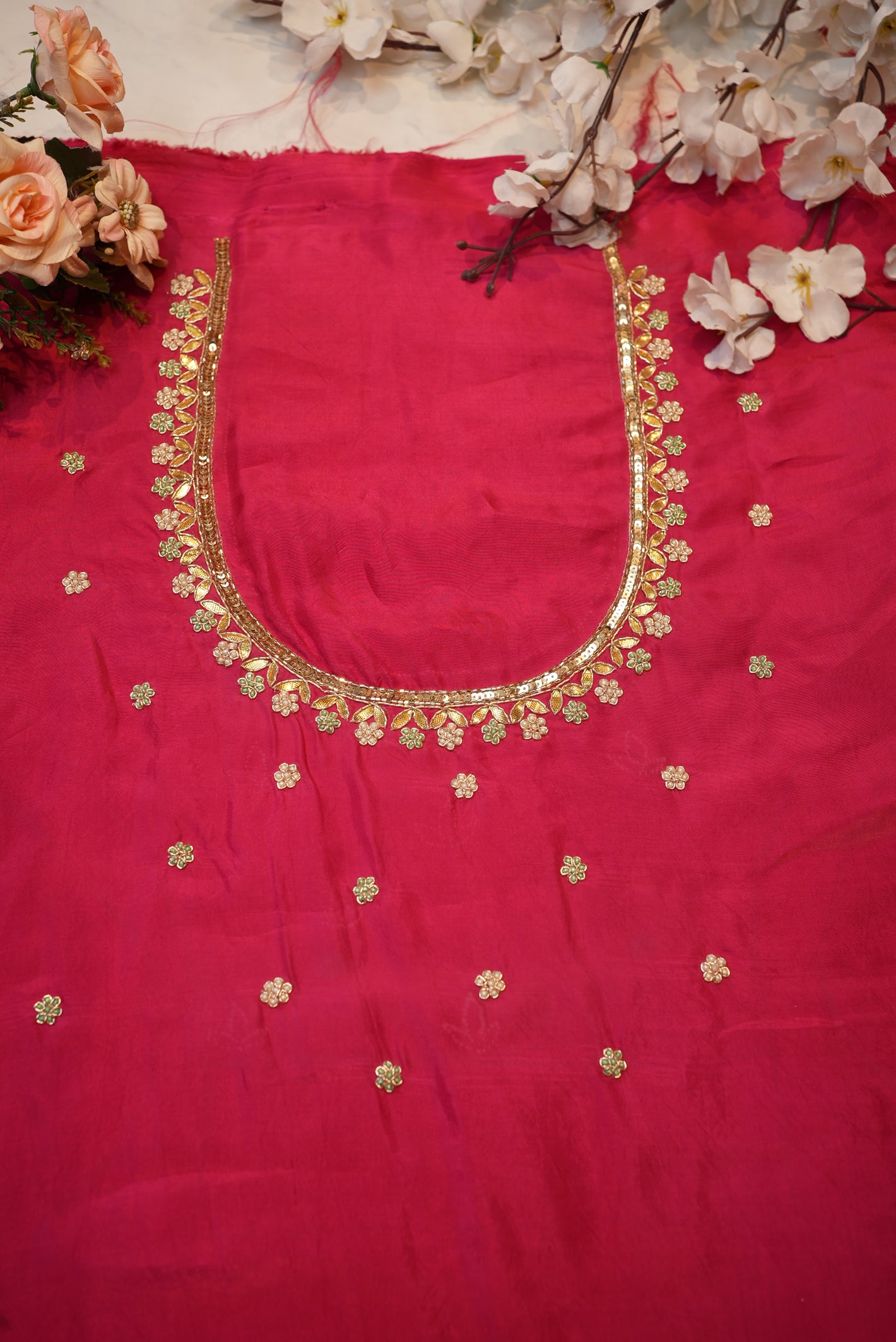 Gota Patti & Cutdana Handwork on Upada Silk with Bead Detailing (Unstittched) RANI PINK ##HB021
