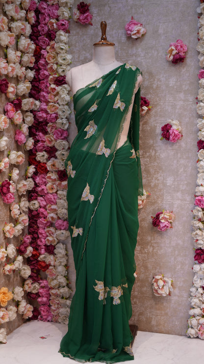 FIGURE PATTERN SAREE WITH SEQUENCE & CUTDANA WORK ON ROYAL GEORGETTE FABRIC (WITH BLOUSE)  ##SR610