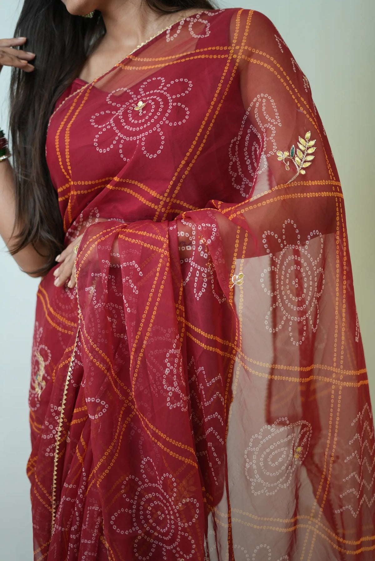 Georgette Bandhani Saree with Gota Patti Butta Work & Golden Lace Border