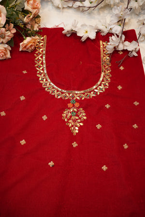 Pure Gota Patti with Seqence & Zardozi Handwork on Velvet fabric (unstitched)RED ##HB022