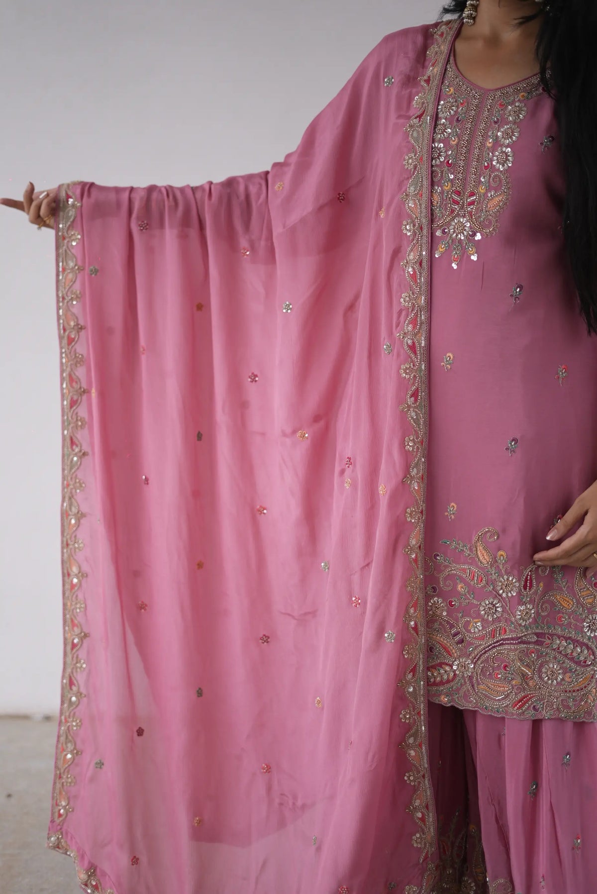 Pink Kurti Plazo Set with Heavy Embroidery & Embellished Dupatta