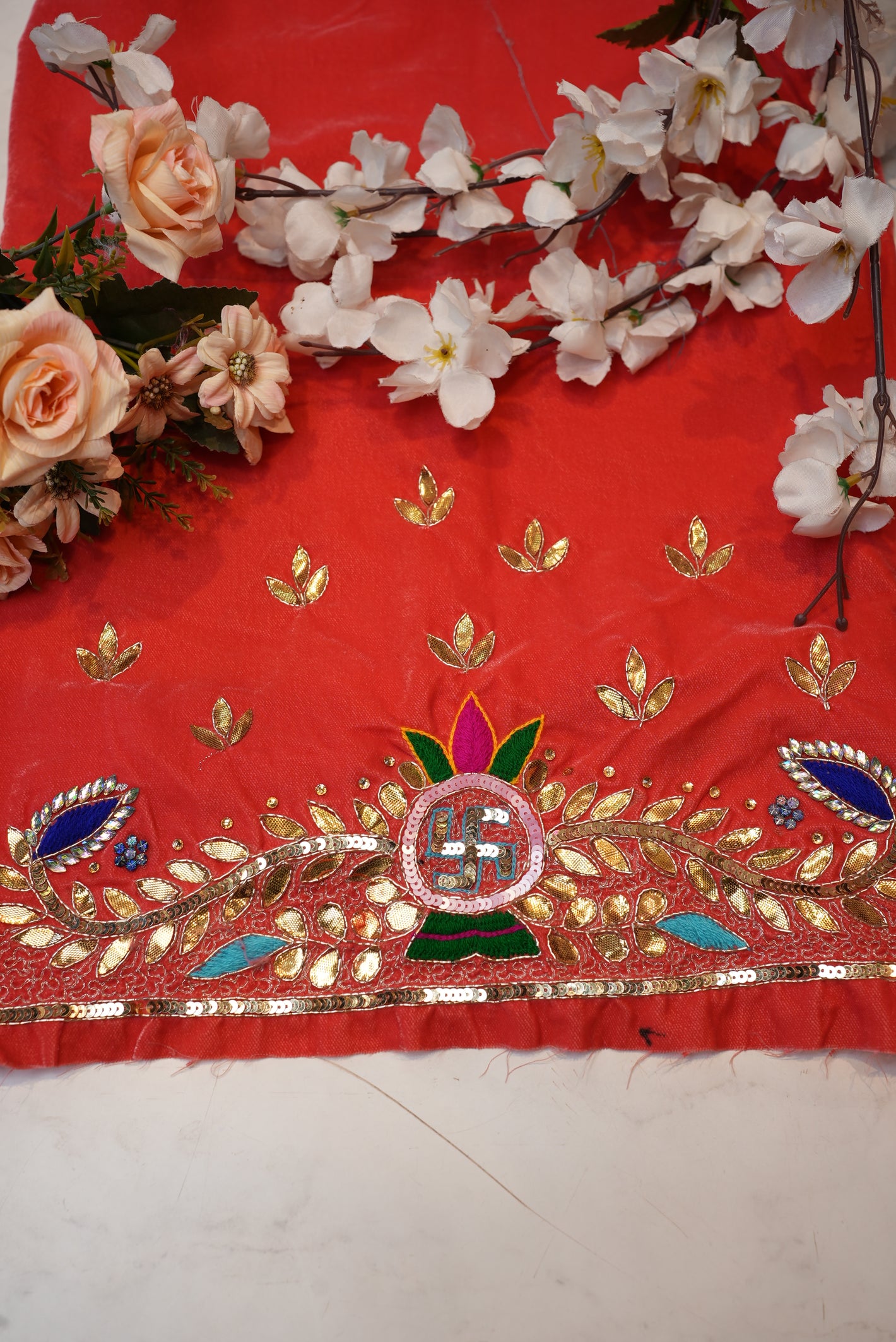 Swastik Design Gota Patti Handwork Blouse on Upada Silk Fabric (Unstitched) PEACH ##HB026