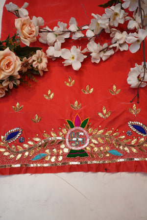 Swastik Design Gota Patti Handwork Blouse on Upada Silk Fabric (Unstitched) PEACH ##HB026