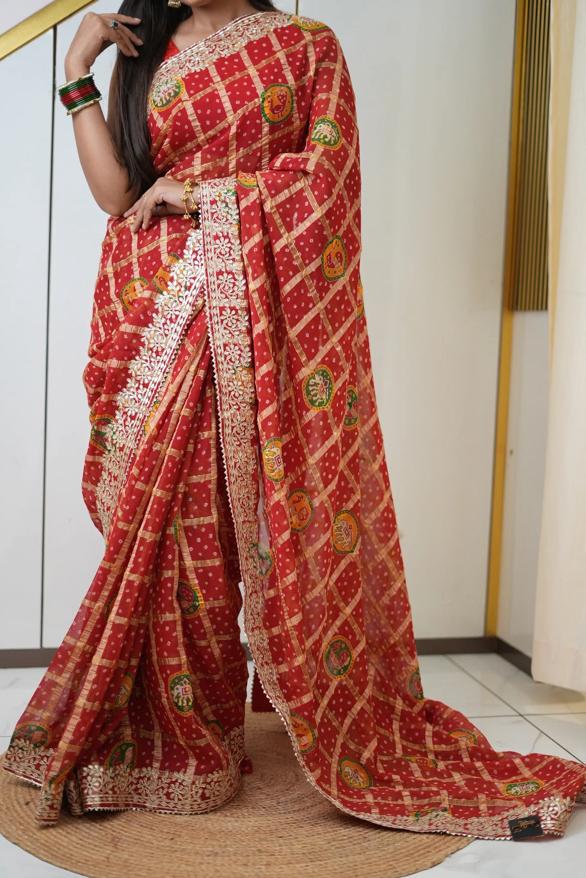 Pure Gajji Silk Bandhani Saree with Heavy Gota Patti Border, Elephant & Peacock Motifs