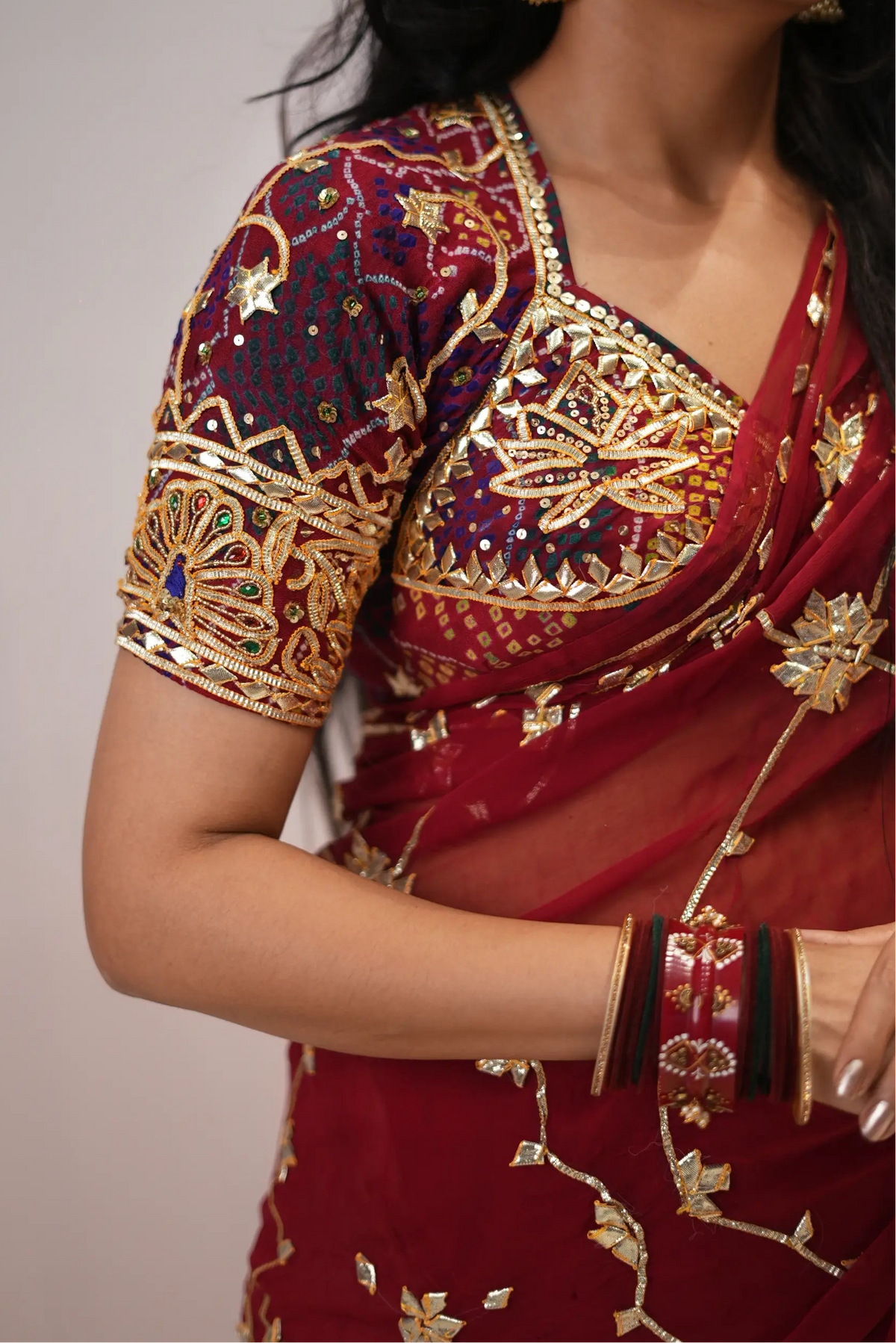 Rajasthani Kacchi Gota Patti Handwork Bandhani Mumal Angi Blouse With Peacock Buta  (PRE-BOOKING ITEM)