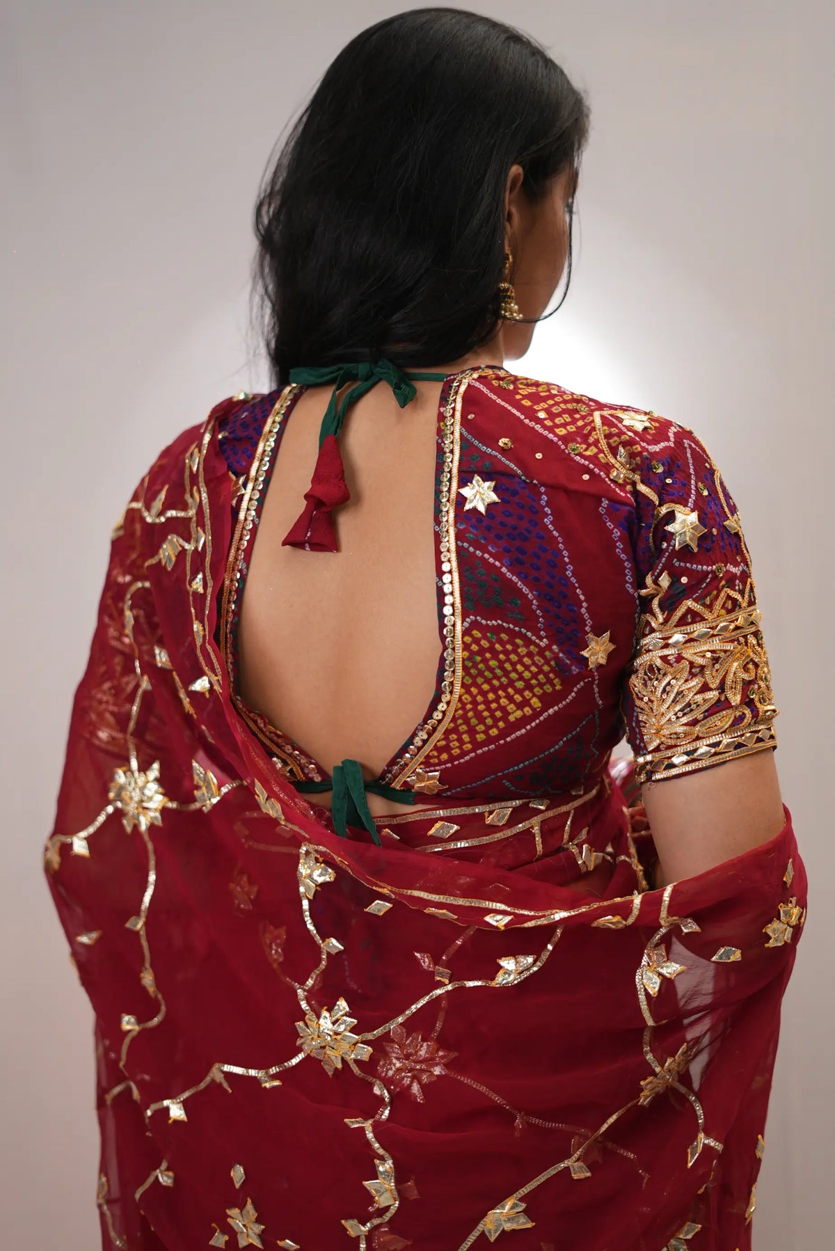 Rajasthani Kacchi Gota Patti Handwork Bandhani Mumal Angi Blouse With Peacock Buta  (PRE-BOOKING ITEM)