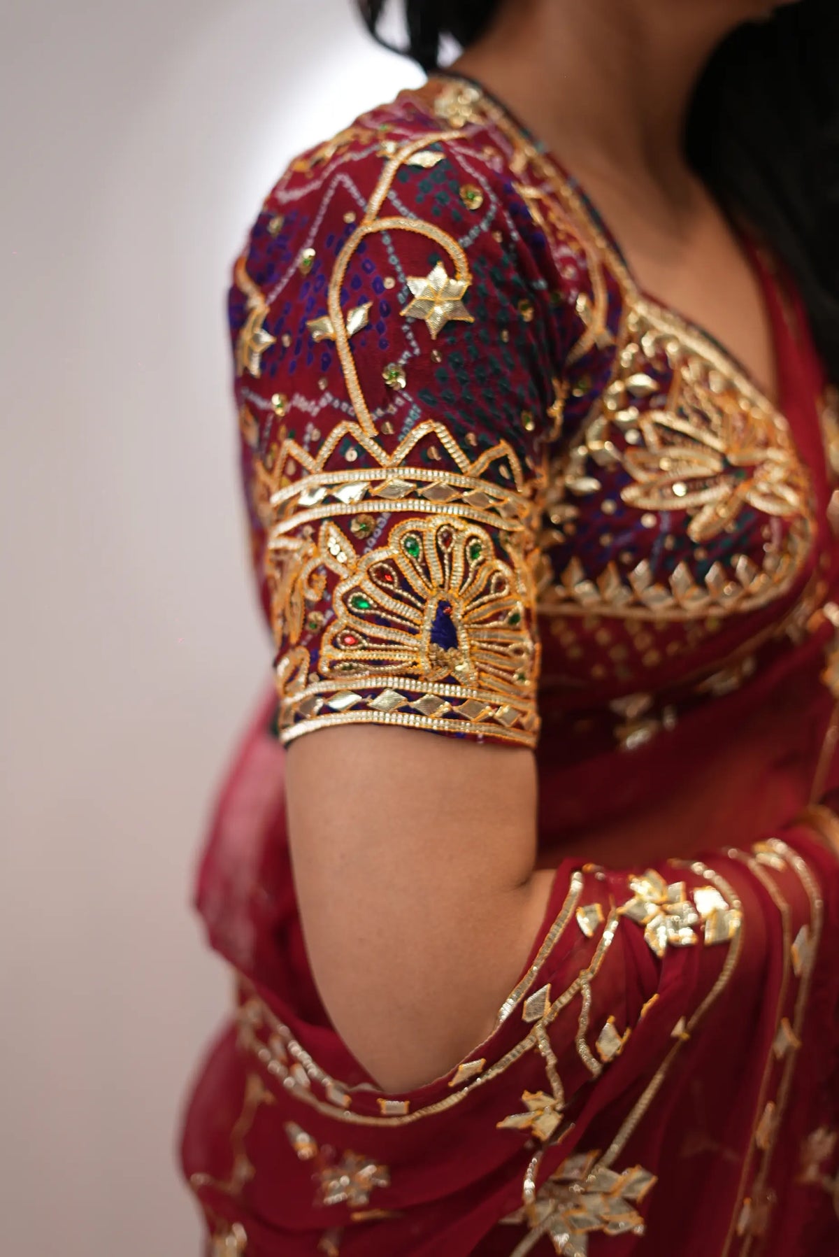 Rajasthani Kacchi Gota Patti Handwork Bandhani Mumal Angi Blouse With Peacock Buta  (PRE-BOOKING ITEM)
