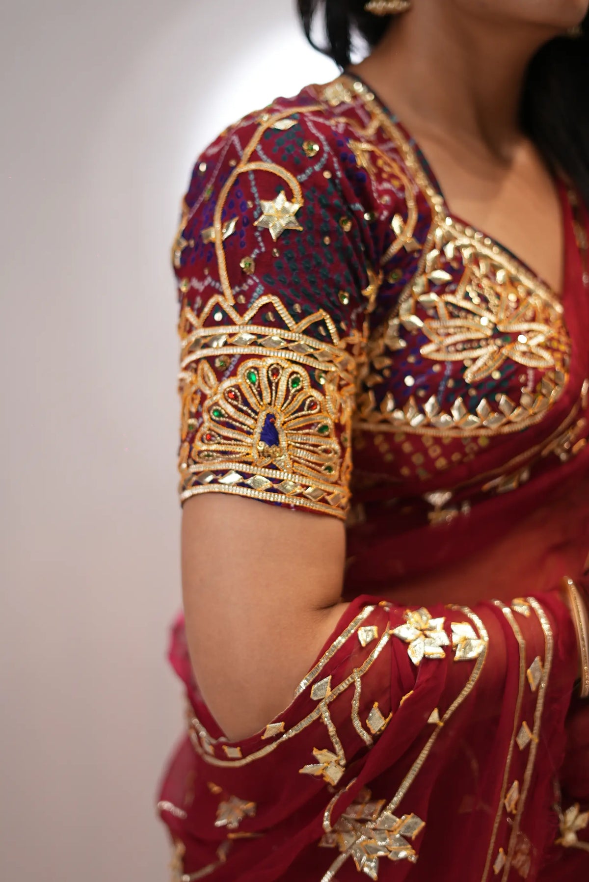 Rajasthani Kacchi Gota Patti Handwork Bandhani Mumal Angi Blouse With Peacock Buta  (PRE-BOOKING ITEM)
