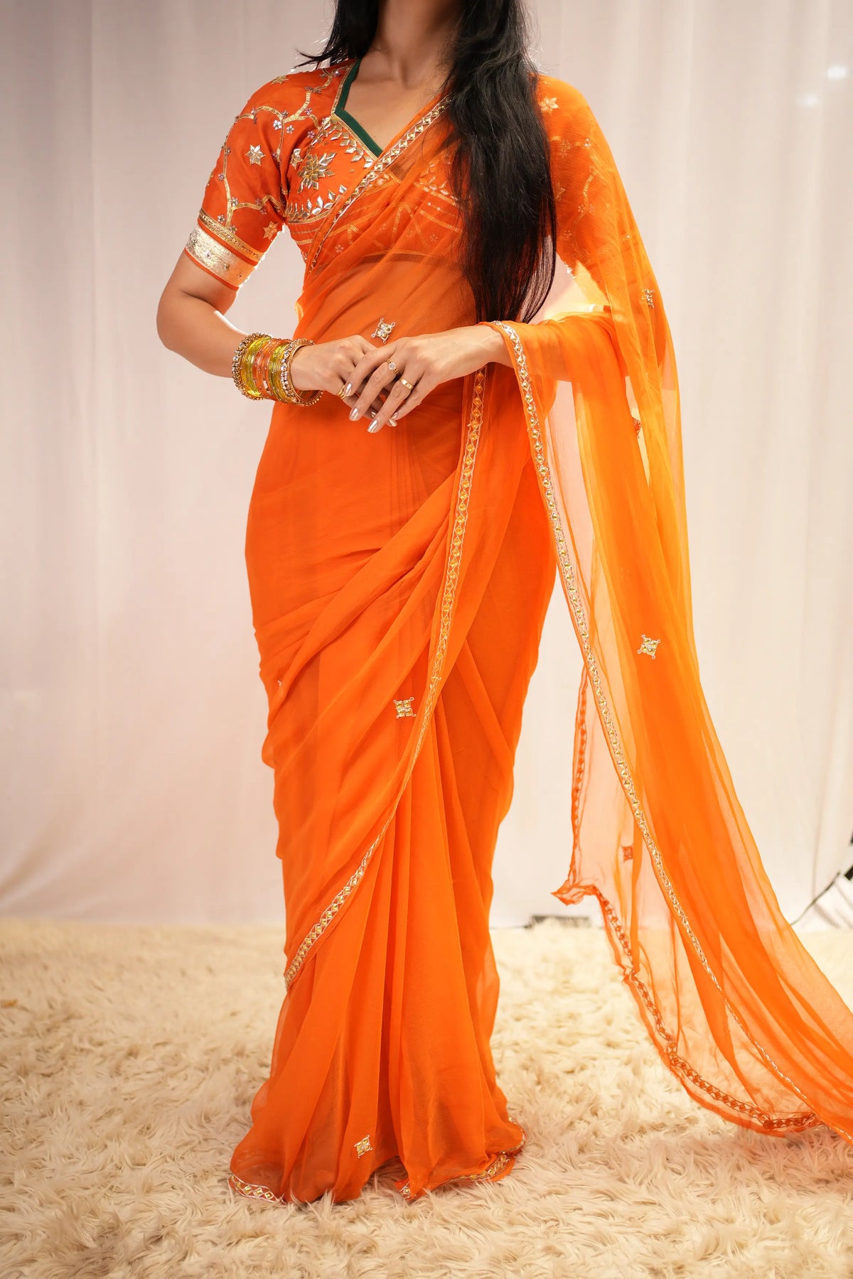 Pure Chiffon Saree with Handcrafted Golden Danka Work (with Blouse)
