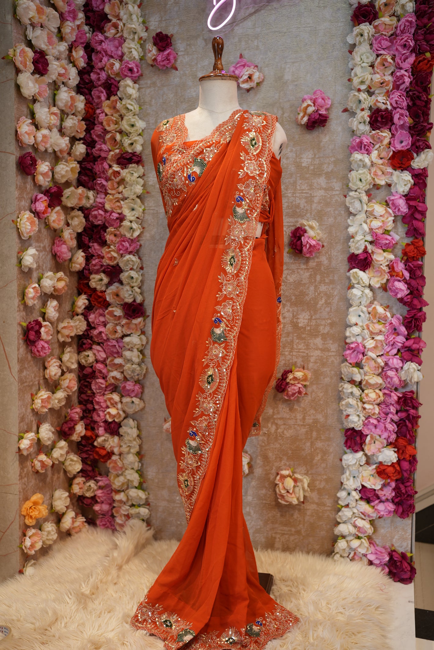PURE GEORGETTE FABRIC RUST ORANGE COLOUR AARI AND CUT WORK PATTERN  WITH SEQUENCE & PATCH WORK HANDWORK SAREE  ##SR0225